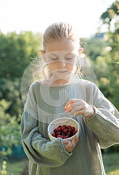 Girl picking cherries