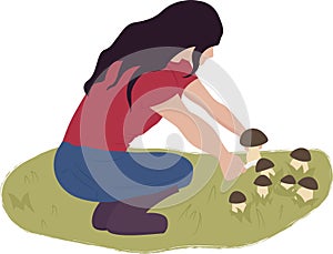 Girl picking mushrooms in the meadow, mushroom season, mushroom pickers