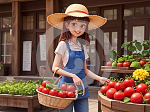 girl picking strawberries in the strawberry greenhouse. generate AI