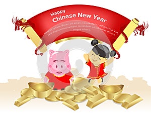 Girl pig gold and money for Chinese New year,copy space,Chinese festival,vector