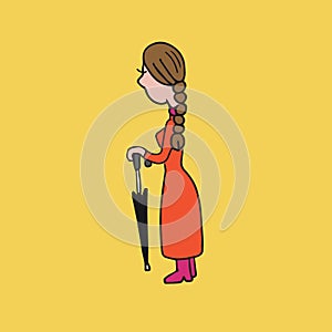 Girl pigtail holding umbrella cartoon drawing