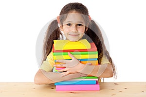 Girl with pile of books