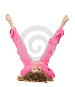 Girl in pink clothes represents letter v photo