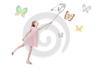 Girl in pink dress, catching colorful butterflies