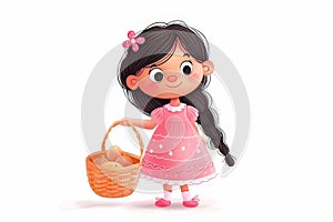 A girl in a pink dress holding a basket of potatoes