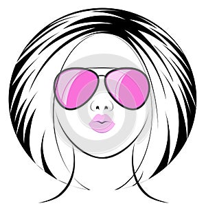 Girl in pink glasses with a short haircut isolated on white background