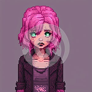 girl with pink hair and dark makeup, gloomy atmosphere, pixel art