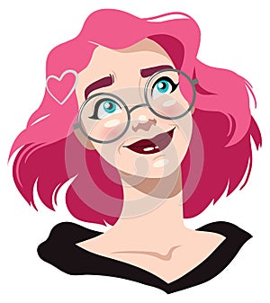 a girl with pink hair and glasses