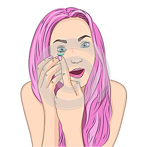 The girl with pink hair inserts, puts contact lenses in the eye. Isolated object on white background. Raster