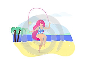 Girl with Pink Hair Jumping with Rope on Beach