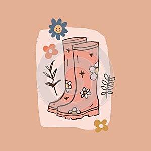 Girl pink rubber boots flower gardening doodle girl art.