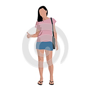Girl in pink shirt, blue skirt and flip-flops