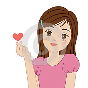 A girl with a pink shirt and a mini heart on her hand smiling, illustration