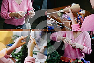 A girl in a pink sweater makes a Christmas tree. Photo collage of a master class