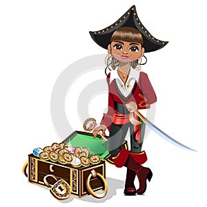 Girl pirate with treasure chest