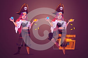 Girl pirate with treasure chest, woman captain