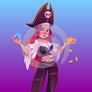 Girl pirate with treasure, woman captain