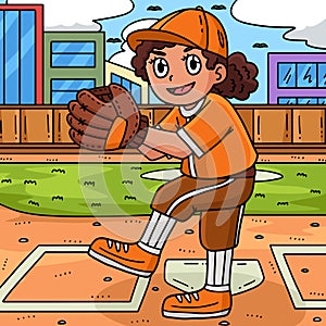 Girl Pitching Baseball Colored Cartoon