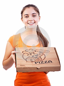 Girl with pizza box