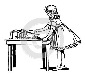 Girl Placing Books on Table,  counter, vintage engraving photo