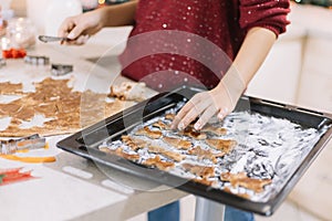 Girl placing cut figured gingerbread biscuits in the oven tray for baking