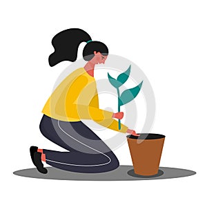 Girl planting a plant on the pot illustration character