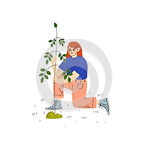 Girl Planting Tree, Boy Working in Garden or Farm Vector Illustration
