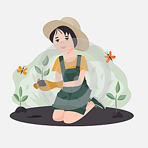 The girl plants plants. Volunteers to work in the garden or park. The concept of raising children to protect nature. Vector