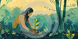 The girl plants trees. Climate change, Renewal of nature. Eco friendly illustration