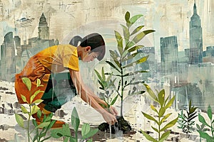 The girl plants trees. Climate change, Renewal of nature. Eco friendly illustration