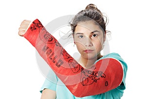Girl with plaster bandage