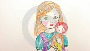 girl play with doll colorful wax crayon hand drawn kids drawing