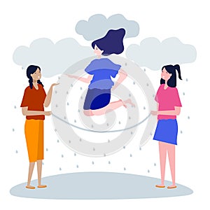 Girl play rope jumping fun cheerful joy activity in outdoor raindrop cloudy weather