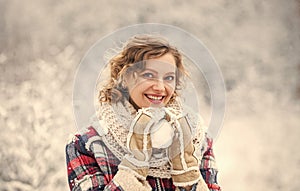 Girl play snowball snowy landscape background. Making snowball. Happy moment. Winter vacation. Pretty woman warm clothes