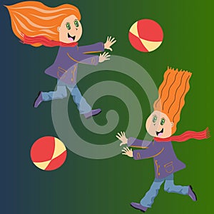 A girl is playing with a ball. A joyful girl with a scarf spreading her arms, follows the ball.