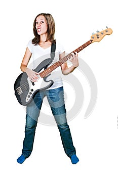 Girl playing bass guitar isolated on white