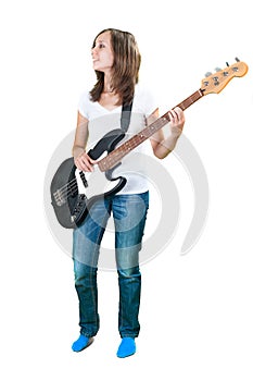 Girl playing bass guitar isolated on white