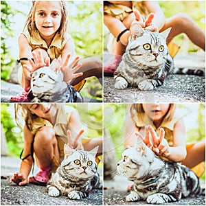 Girl playing with the british cat outdoors