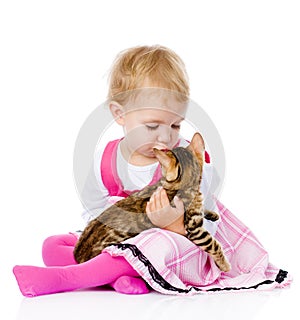 Girl playing with cat. isolated on white background