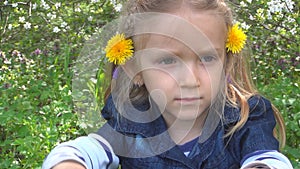 Girl Playing in Dandelion Flowers, Child Picking Field Flower, Meadow in Spring, Kid Portrait in Park, Children Outdoor in Nature