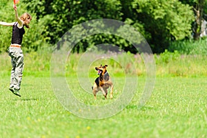 Girl playing with dog