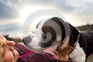 Girl playing with a dog while traveling