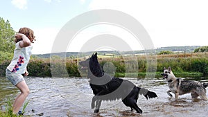 Girl playing with dogs by the river