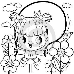 Girl playing in the garden. Vector black and white coloring page