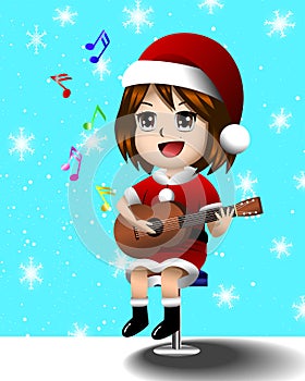 Girl playing guitar with blue background and snow eps 10