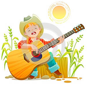 Girl playing guitar. Country Teen girl is playing guitar and singing. Happy moments with her love, playing folk song