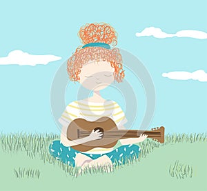 Girl playing guitar relaxing in the garden