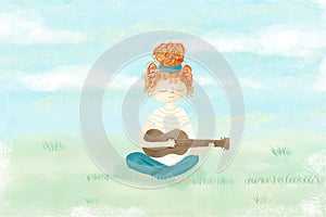 Girl playing guitar relaxing in the garden - watercolor painted illustration