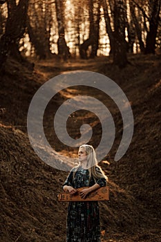 Girl playing the harp at sunset in the forest