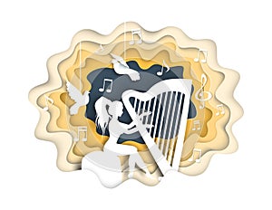 Girl playing harp, vector illustration in paper art style